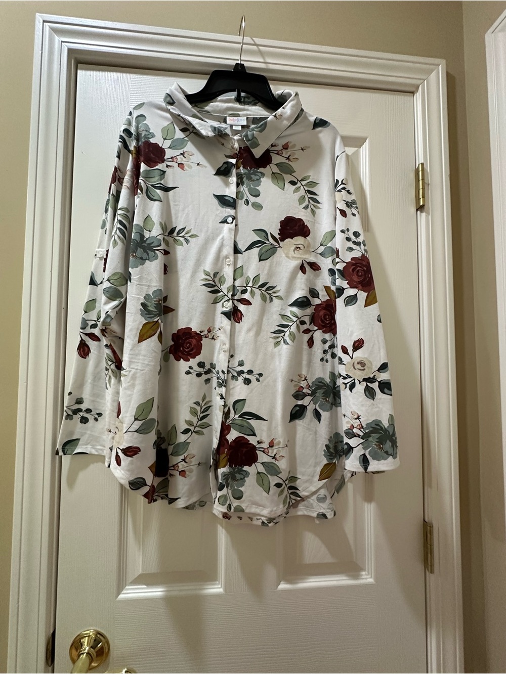 LuLaRoe White Button-Down Top with Burgundy & Green Floral Print